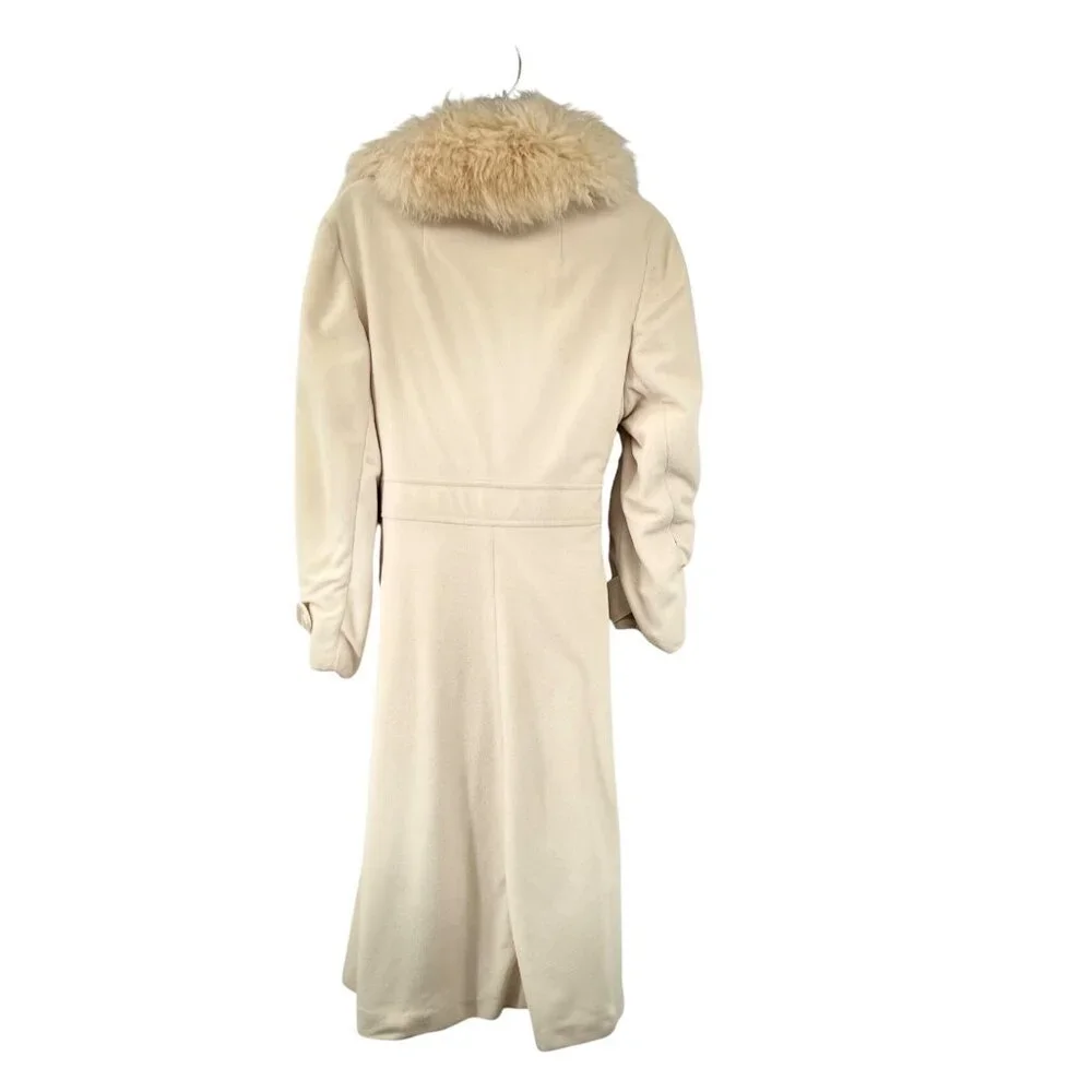 Vintage Kashmiracle Coat Womens S/M? Cream Fur Collar Used Long Belted Coat Uniq - Picture 2 of 16